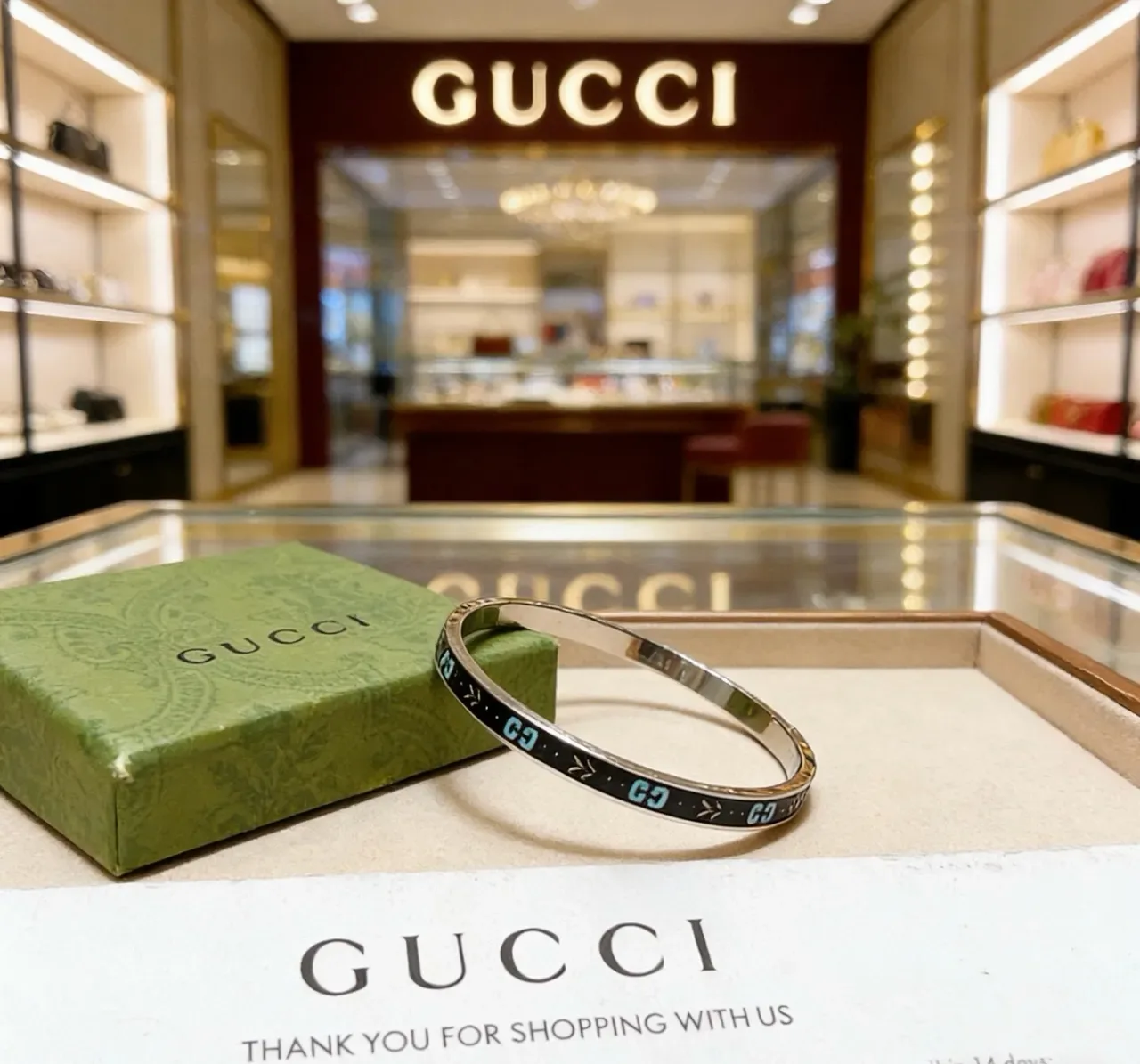 Gucci Enamel GG Motif Black and Teal Hinged Bangle Bracelet 9