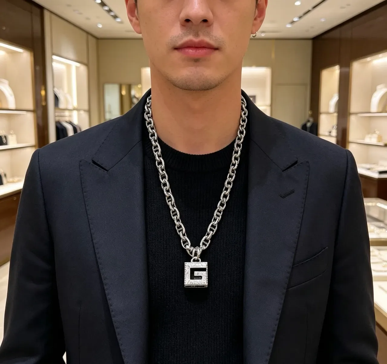 Gucci G-Link Chaîne Épaisse Argentée Beige Pendentif Carré Orné Collier 4