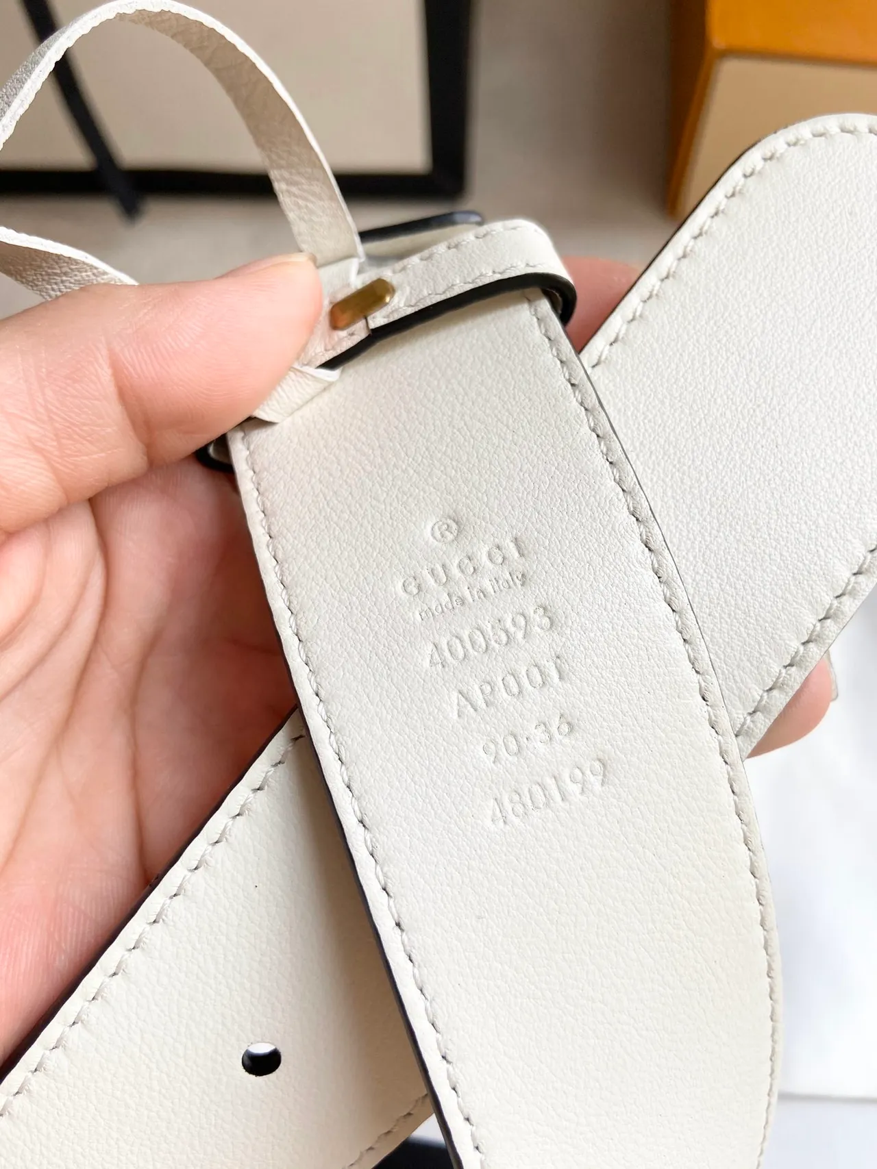 Gucci GG Marmont Beige Gold Interlocking G Buckle Smooth Strap Leather Belt 7