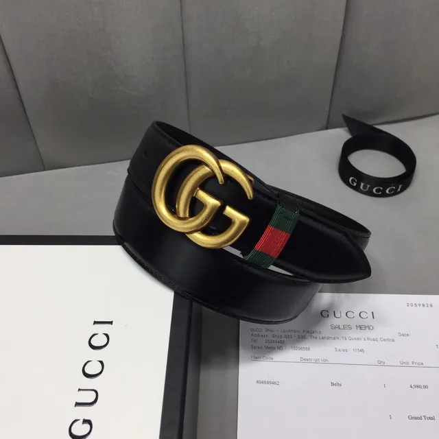 حزام Gucci GG Marmont أسود ذهبي Interlocking Double G Buckle Green-Red-Green Web Stripe من جلد 2