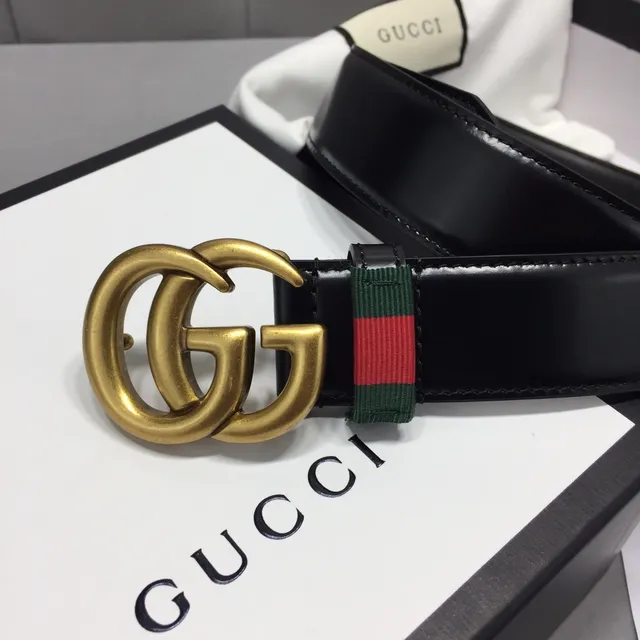 حزام Gucci GG Marmont أسود ذهبي Interlocking Double G Buckle Green-Red-Green Web Stripe من جلد 3