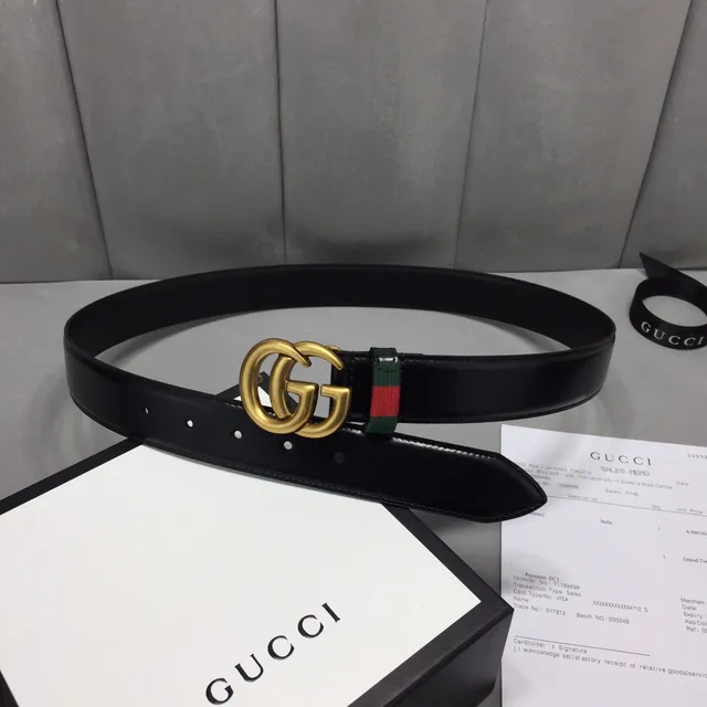 حزام Gucci GG Marmont أسود ذهبي Interlocking Double G Buckle Green-Red-Green Web Stripe من جلد 4