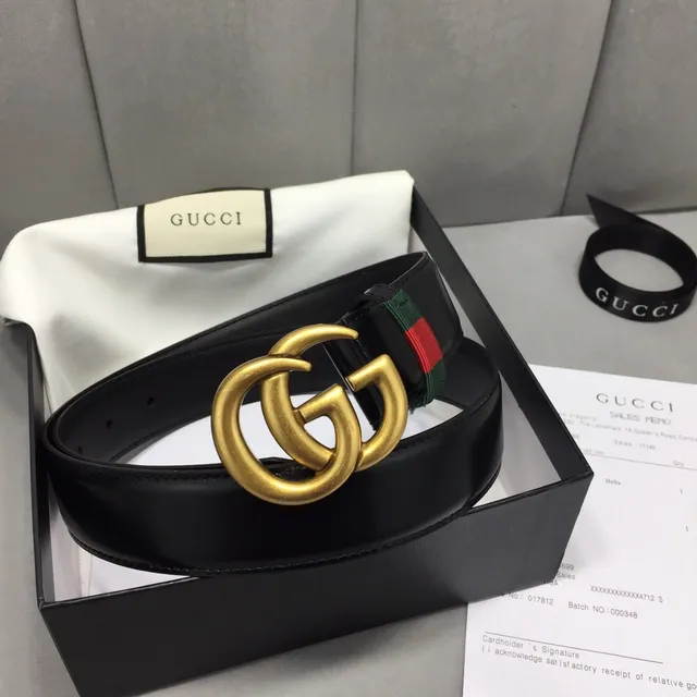 حزام Gucci GG Marmont أسود ذهبي Interlocking Double G Buckle Green-Red-Green Web Stripe من جلد 5