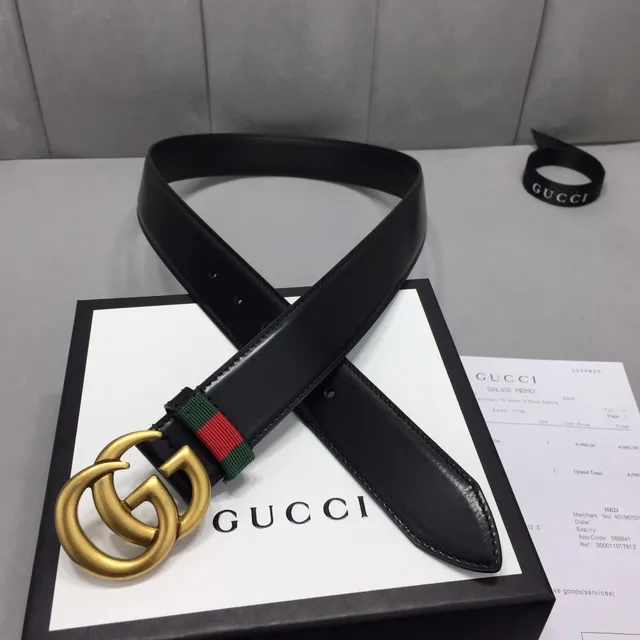 حزام Gucci GG Marmont أسود ذهبي Interlocking Double G Buckle Green-Red-Green Web Stripe من جلد 6