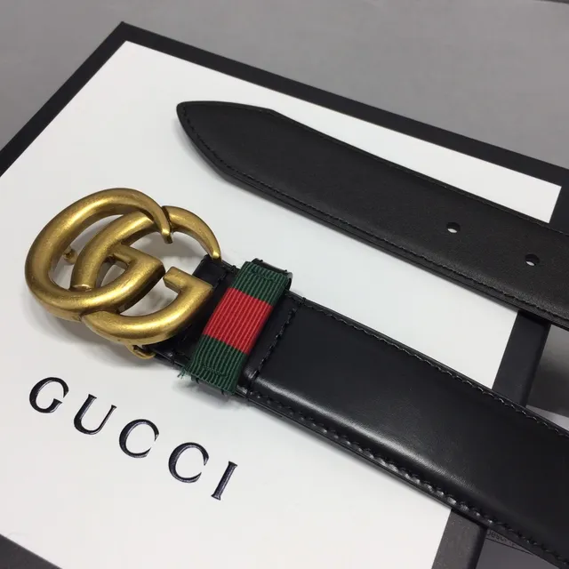 حزام Gucci GG Marmont أسود ذهبي Interlocking Double G Buckle Green-Red-Green Web Stripe من جلد 8