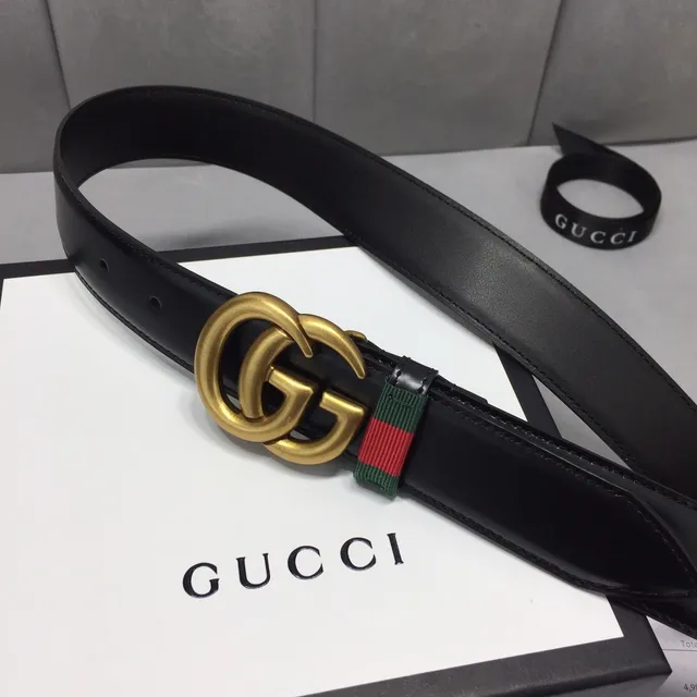 حزام Gucci GG Marmont أسود ذهبي Interlocking Double G Buckle Green-Red-Green Web Stripe من جلد 9