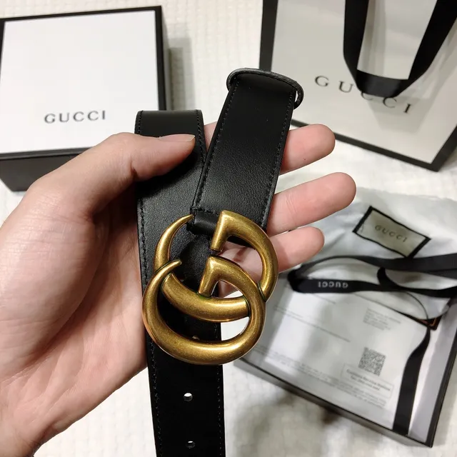 Gucci GG Marmont Black Gold Interlocking Double G Buckle Smooth Leather Belt 4