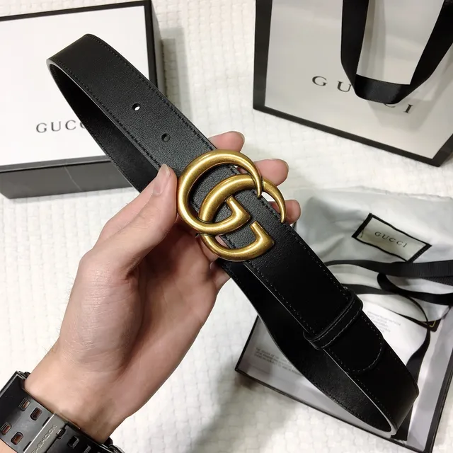 Gucci GG Marmont Black Gold Interlocking Double G Buckle Smooth Leather Belt 6