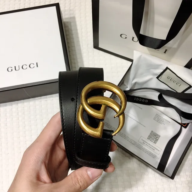 Gucci GG Marmont Black Gold Interlocking Double G Buckle Smooth Leather Belt 8