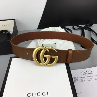 Gucci GG Marmont 棕色 金色 Interlocking G 扣头 平滑皮革腰带