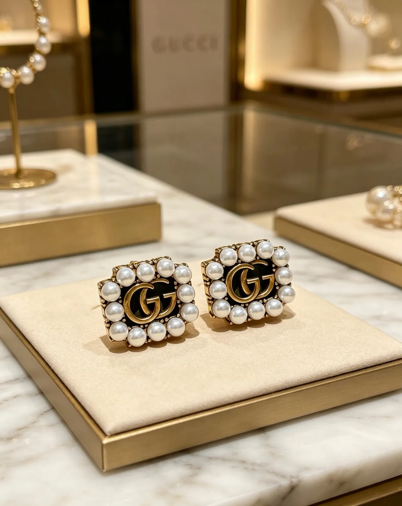 Gucci GG Marmont Pearl-Encrusted Square Stud Earrings 8