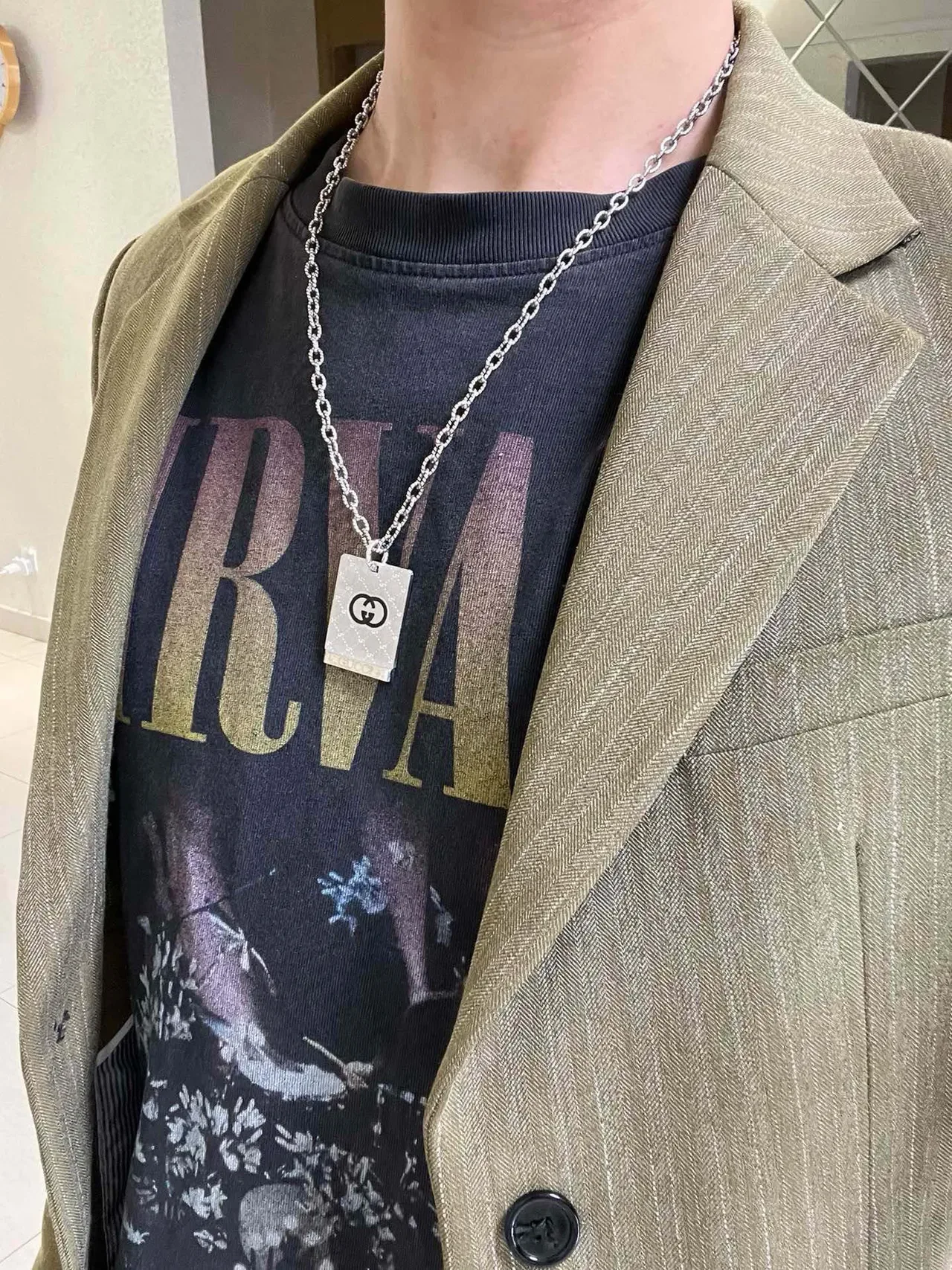 Gucci GG Marmont Silver Black Chain Rectangular Pendant Necklace 2