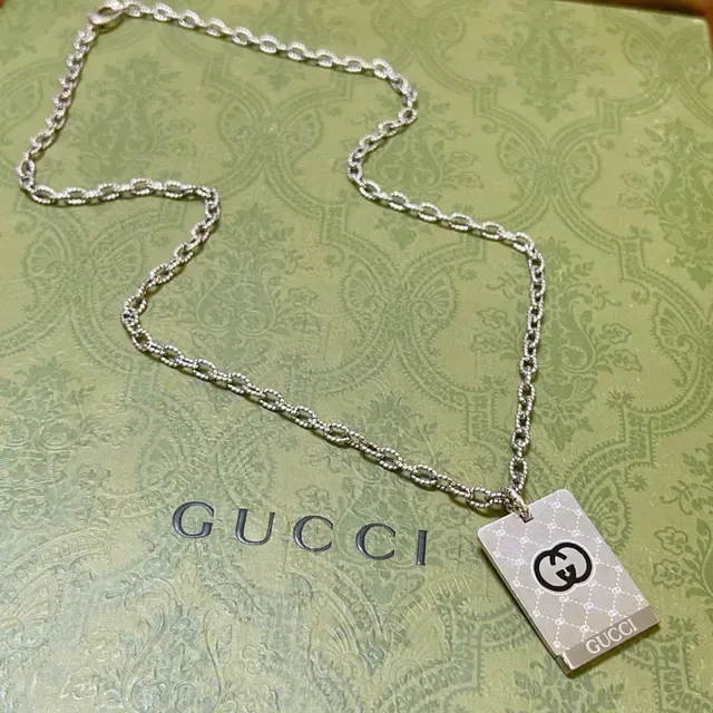 Gucci GG Marmont Silver Black Chain Rectangular Pendant Necklace 3