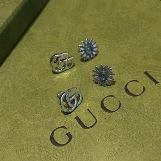 Gucci GG Marmont Azul Prateado Interlocking G Logo Motivo de Girassol Brincos