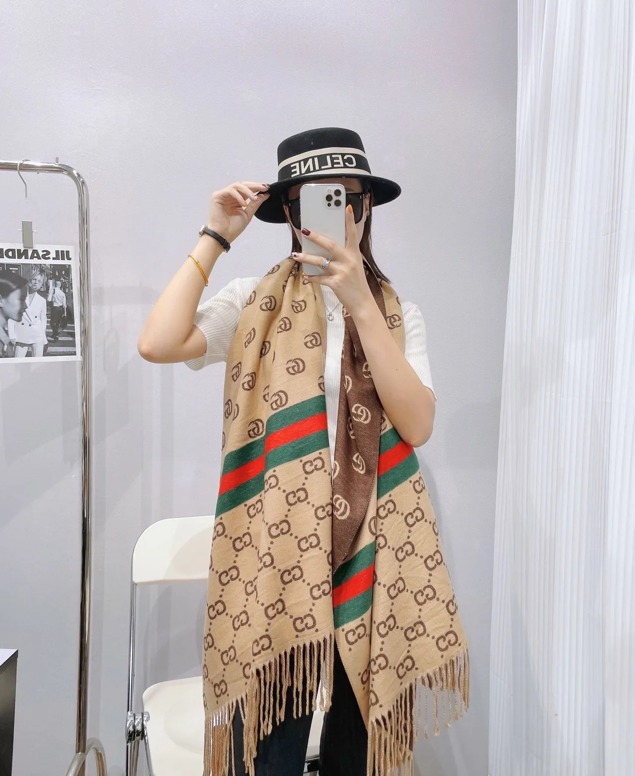 Gucci GG Monogram Rayas de Rede Cachecol de Cashmere 8