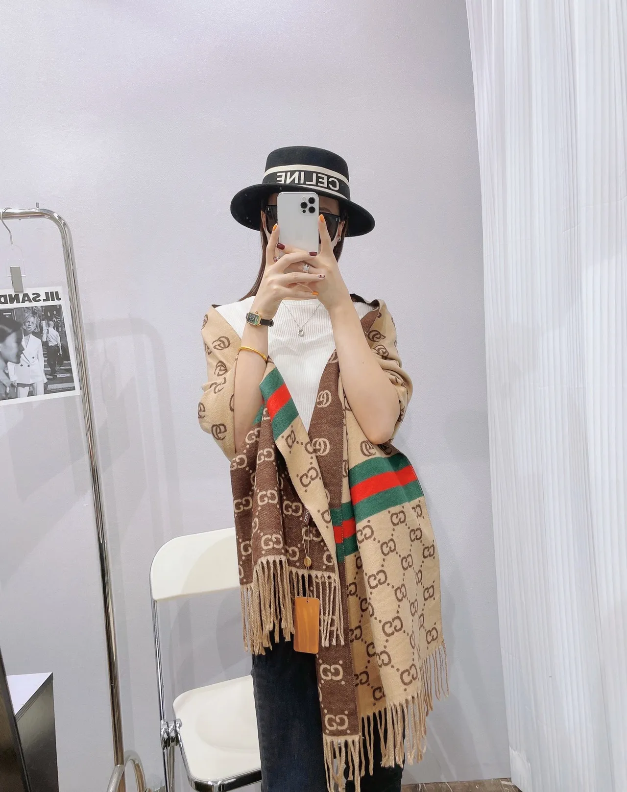 Gucci GG Monogram Rayas de Rede Cachecol de Cashmere 9