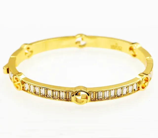 Gucci Gold-Tone Baguette Crystal Interlocking G Bangle Bracelet 5