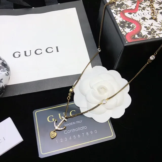Gucci Gold White Chain Anchor Pendant Necklace 5