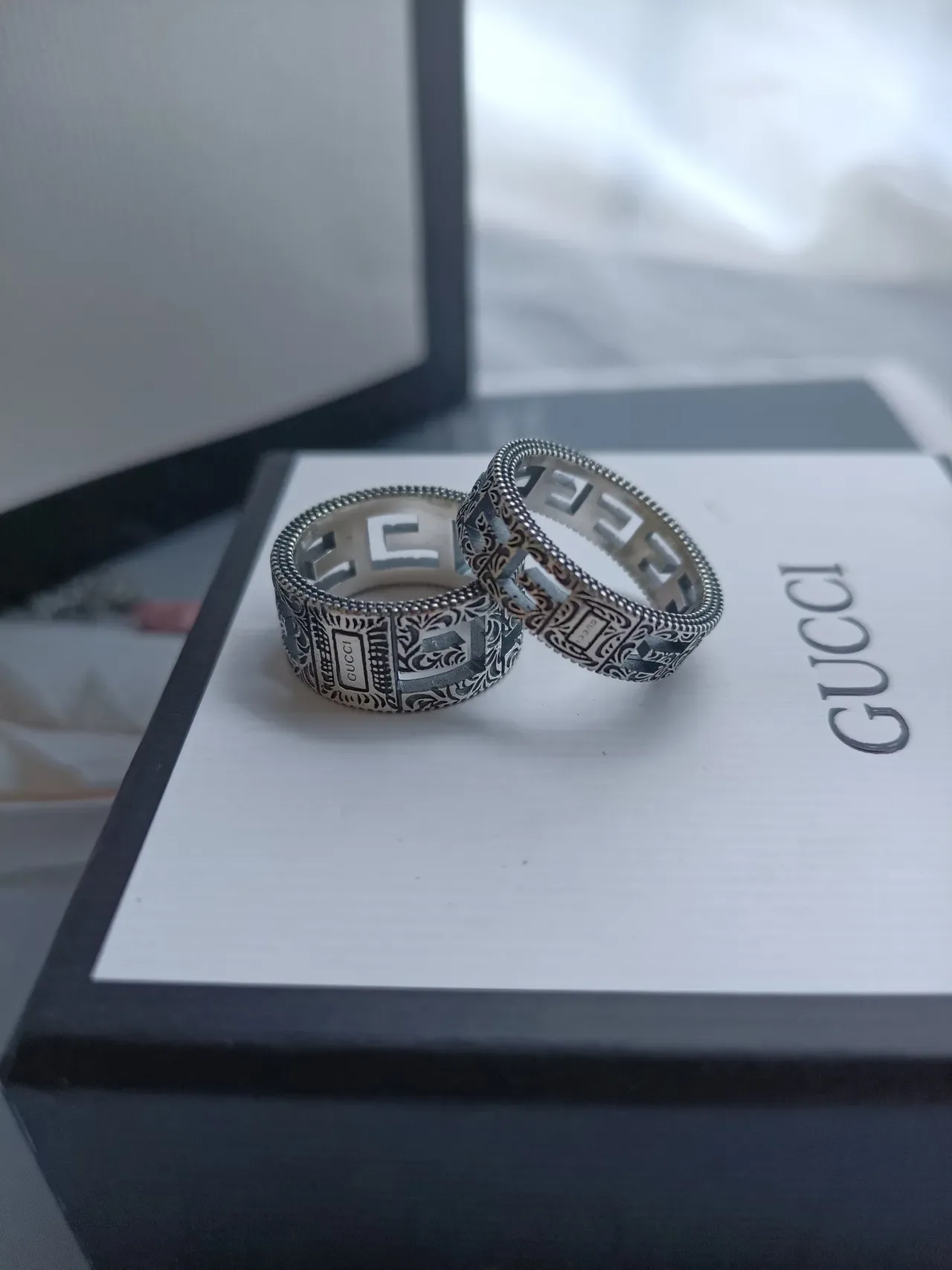 Gucci Greek Key Silver Black Wide Band Engraved Motif Ring 7