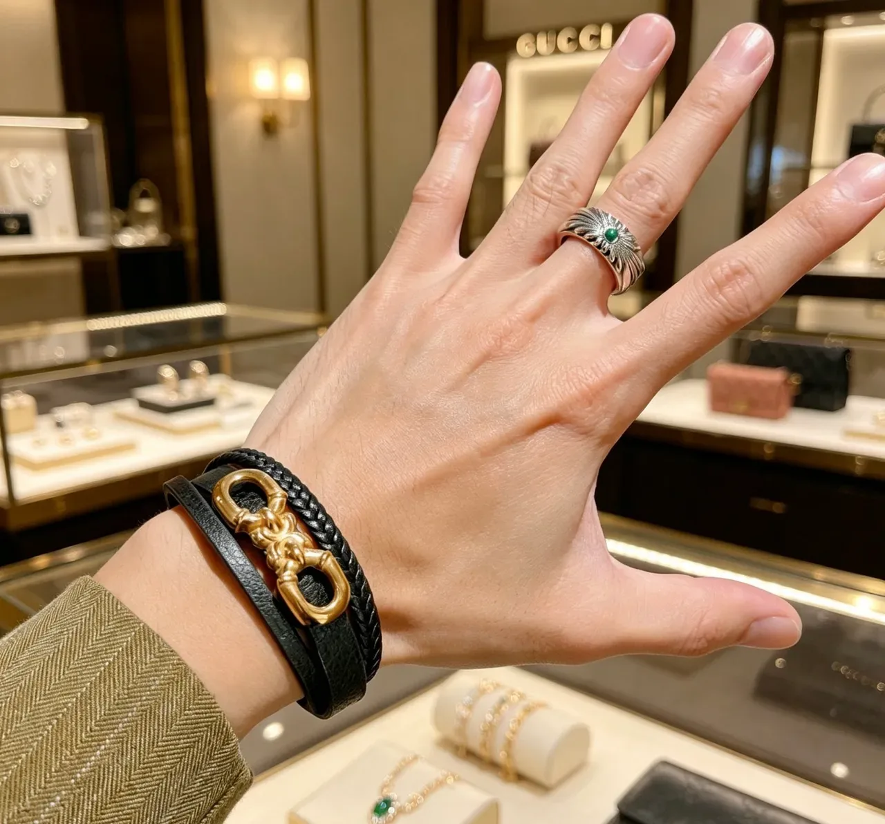 Gucci Horsebit 1955 أسود جلد مضفر ذهبي سوار 3