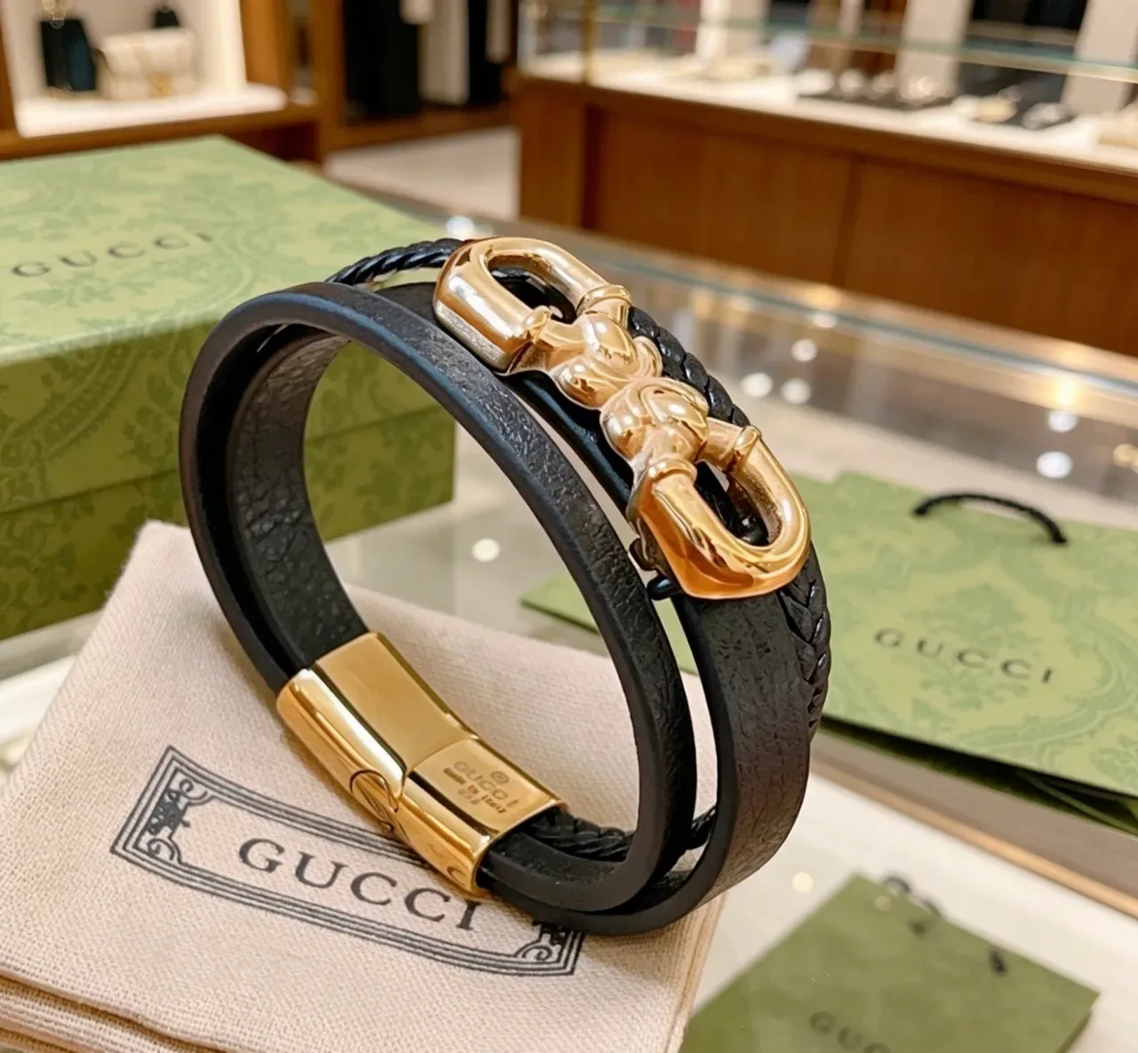 Gucci Horsebit 1955 أسود جلد مضفر ذهبي سوار 4