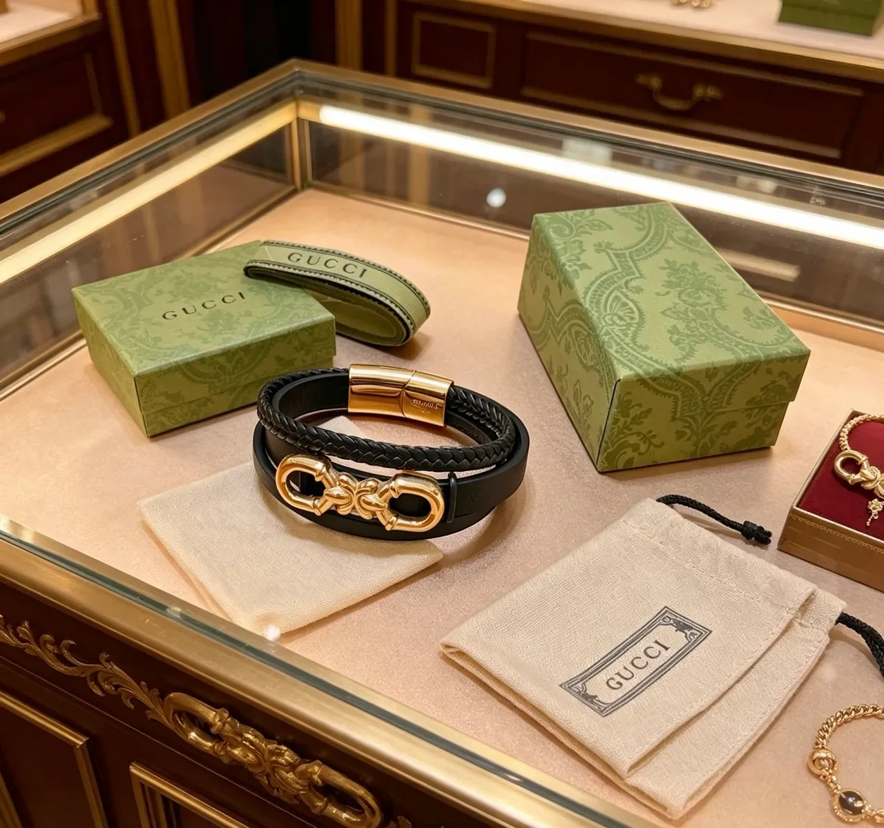 Gucci Horsebit 1955 أسود جلد مضفر ذهبي سوار 5