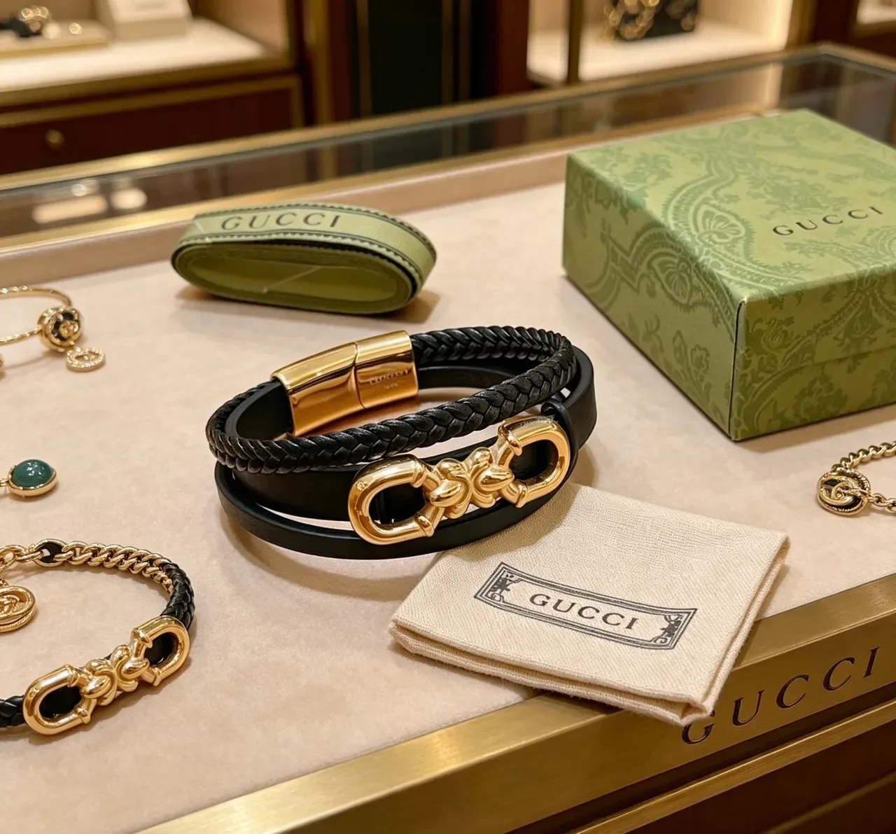 Gucci Horsebit 1955 أسود جلد مضفر ذهبي سوار 6