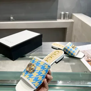 Gucci Horsebit 1955 Zapatillas de tela azul y amarillo con estampado pata de gallo entrelazado con GG de hardware
