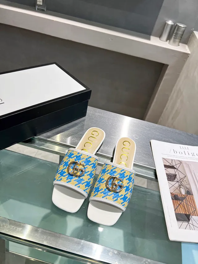 Gucci Horsebit 1955 Blue Yellow Woven Houndstooth Interlocking GG Hardware Slippers 3