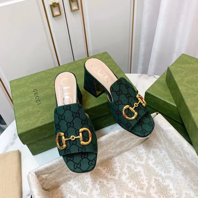 Gucci Horsebit 1955 verde dourado GG Monogram Canvas Buckle Casual Sandals 2