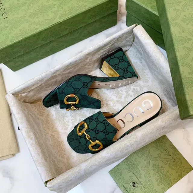 Gucci Horsebit 1955 verde dourado GG Monogram Canvas Buckle Casual Sandals 3