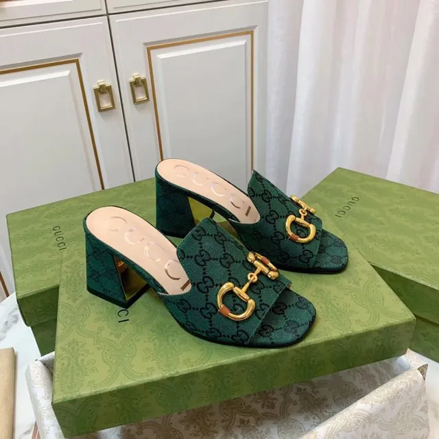Gucci Horsebit 1955 verde dourado GG Monogram Canvas Buckle Casual Sandals 4