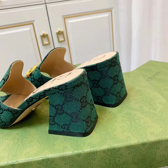 Gucci Horsebit 1955 verde dourado GG Monogram Canvas Buckle Casual Sandals 5