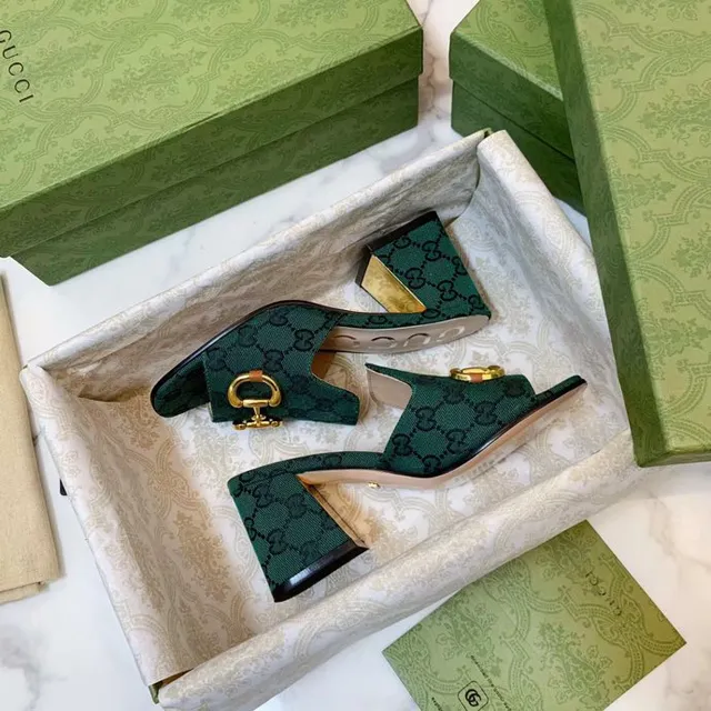 Gucci Horsebit 1955 verde dourado GG Monogram Canvas Buckle Casual Sandals 7