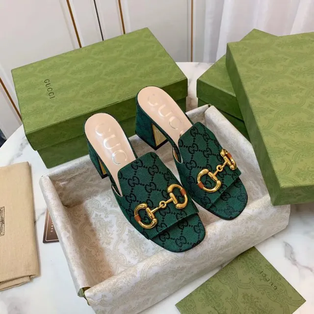 Gucci Horsebit 1955 verde dourado GG Monogram Canvas Buckle Casual Sandals 8