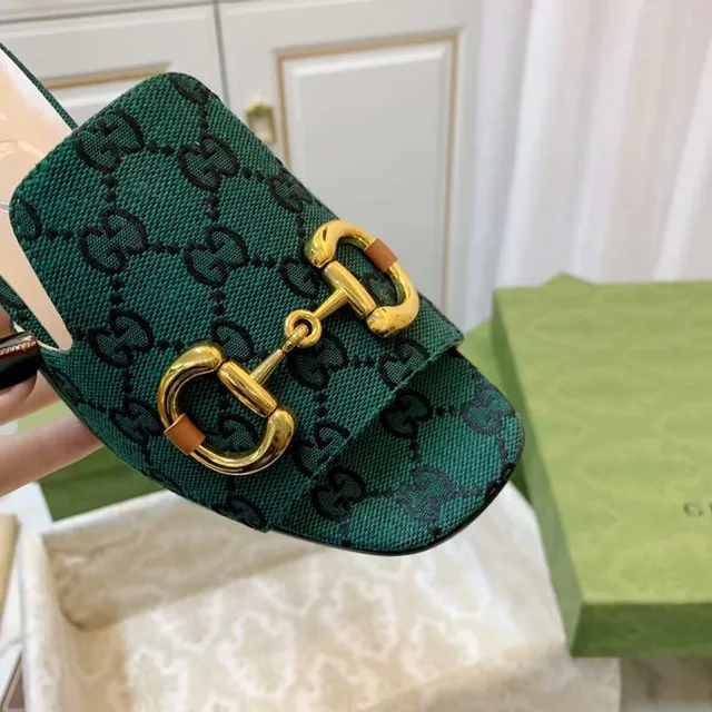 Gucci Horsebit 1955 verde dourado GG Monogram Canvas Buckle Casual Sandals 9
