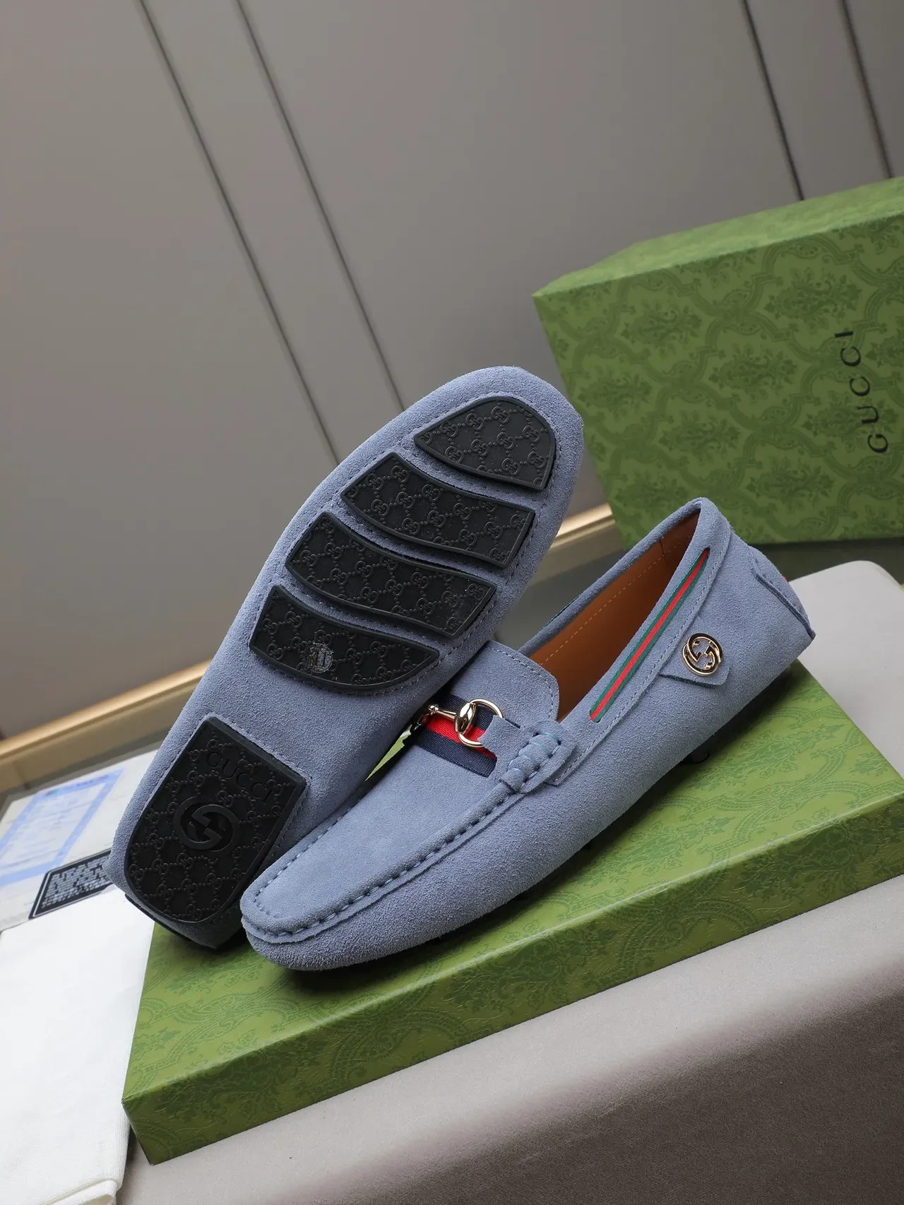 Gucci Horsebit 1955 Light Blue Suede Loafers 4