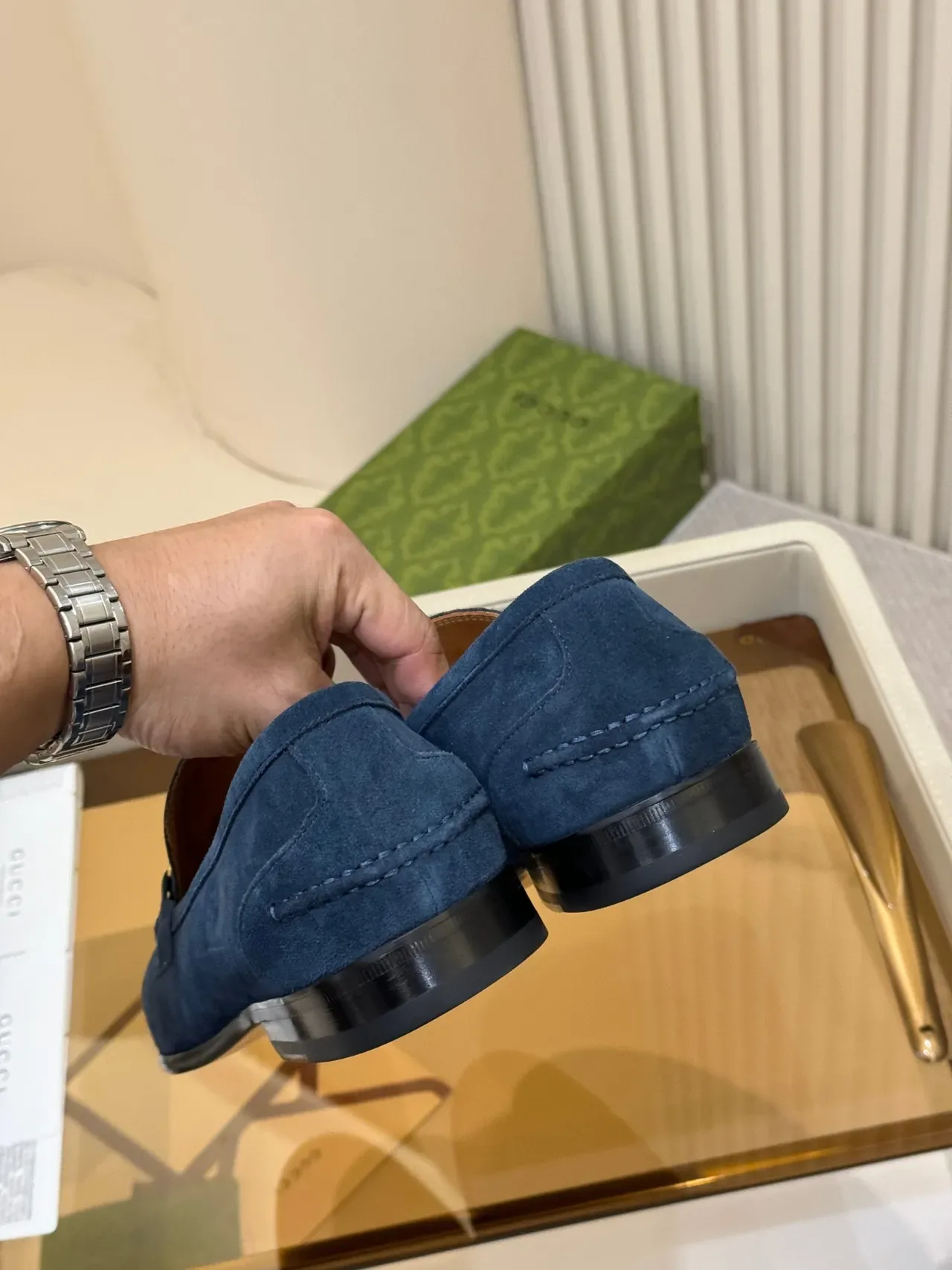 Gucci Horsebit 1955 नेवी गोल्ड सुड हार्डवेयर लोअफर 3