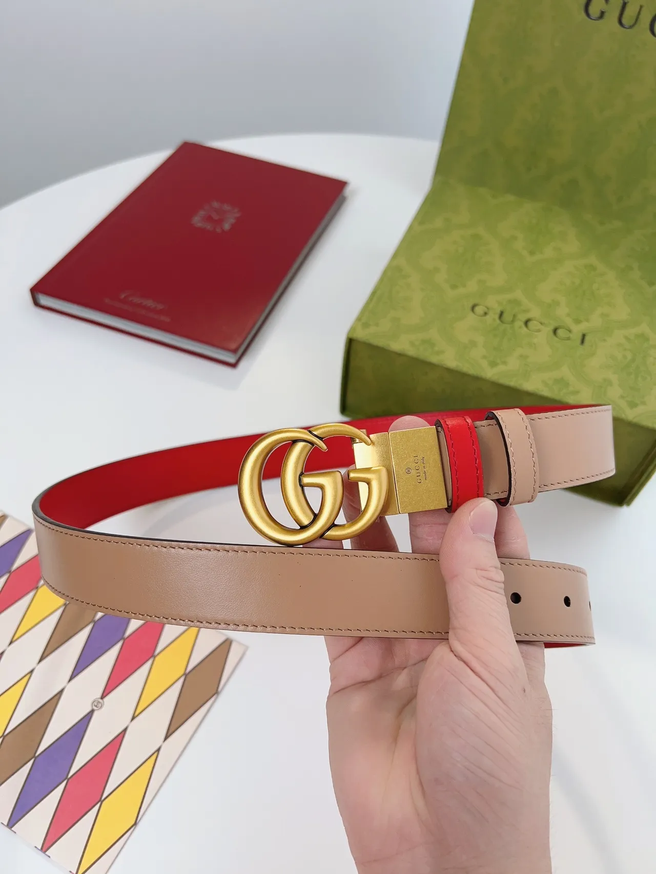 Gucci Horsebit 1955 Reversible Red and Beige Leather Belt 4