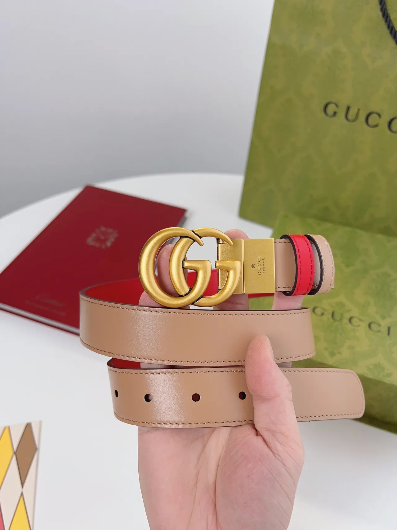 Gucci Horsebit 1955 Reversible Red and Beige Leather Belt 7