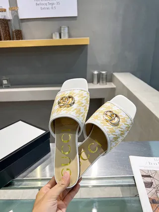 Gucci Horsebit 1955 Yellow and White Woven Slippers 4