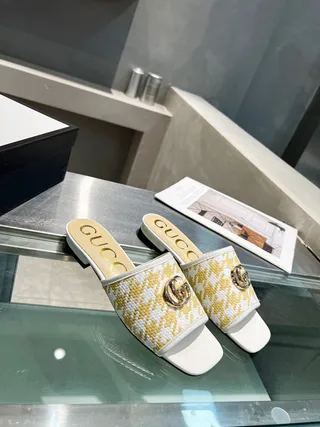 Gucci Horsebit 1955 Yellow and White Woven Slippers 5