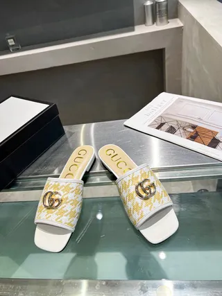 Gucci Horsebit 1955 Yellow and White Woven Slippers 7