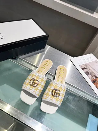 Gucci Horsebit 1955 Yellow and White Woven Slippers 8