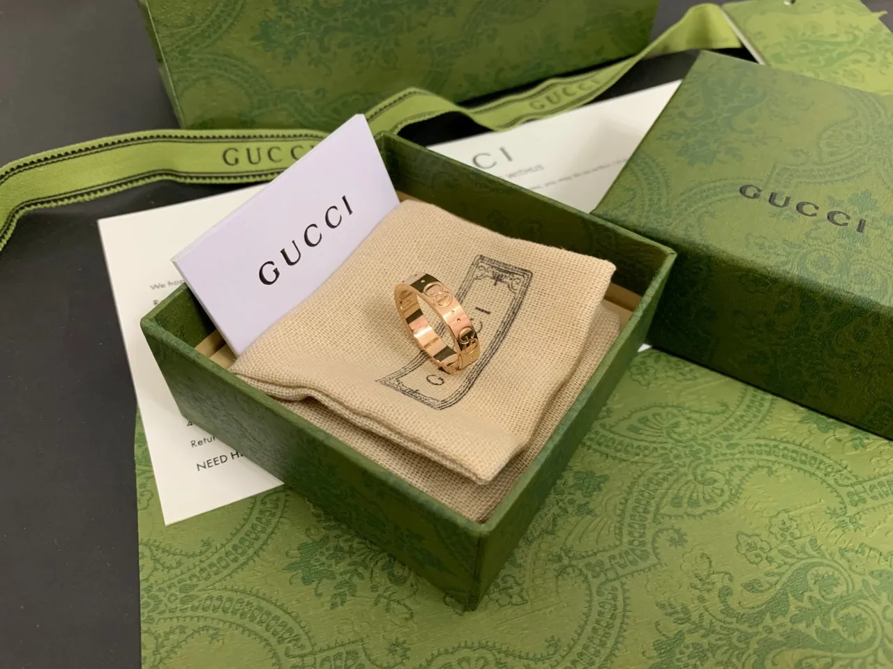 Gucci Interlocking G Green Gold Motif Stackable Band Design Ring 5