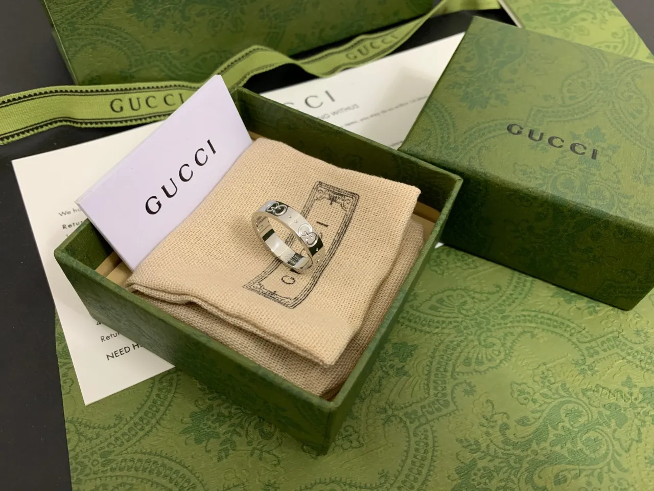 Gucci Interlocking G Green Gold Motif Stackable Band Design Ring 6