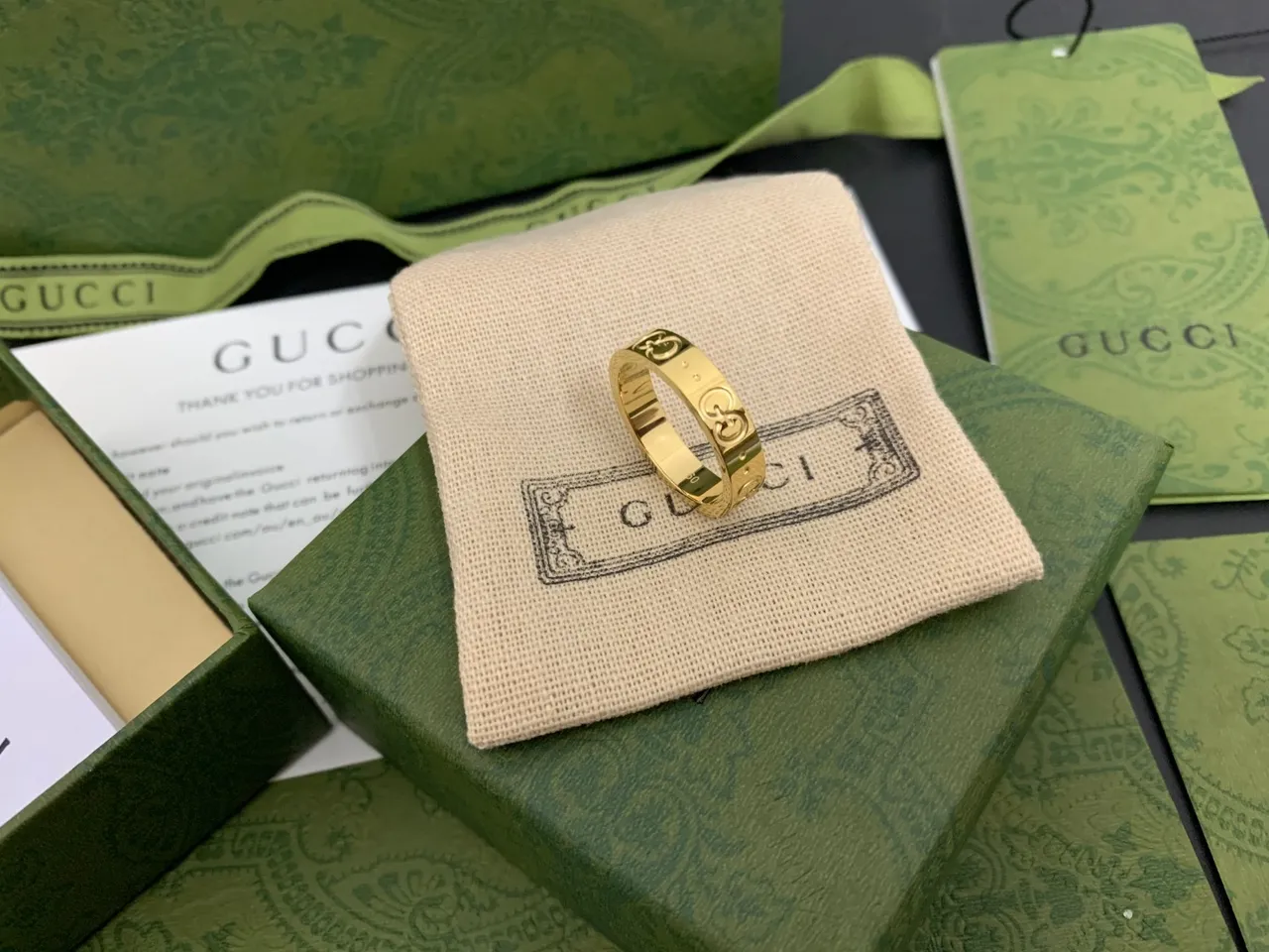 Gucci Interlocking G Green Gold Motif Stackable Band Design Ring 7
