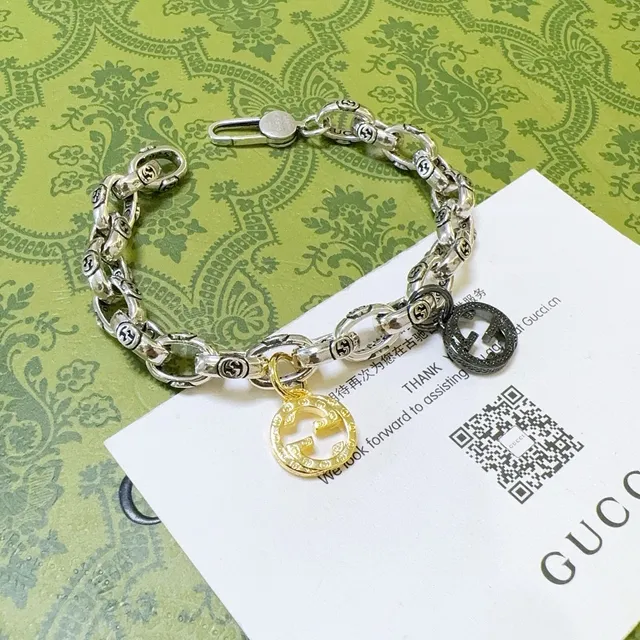 Gucci Interlocking G Motif चेन ब्रेसलेट सिल्वर गोल्ड मोटा ओवल-लिंक ब्रेसलेट 7