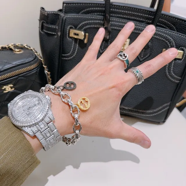 Gucci Interlocking G Motif चेन ब्रेसलेट सिल्वर गोल्ड मोटा ओवल-लिंक ब्रेसलेट 8