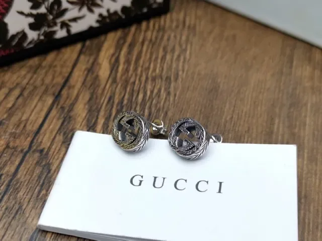 Gucci Interlocking G Stud Silver Black Circular Logo Earrings 2